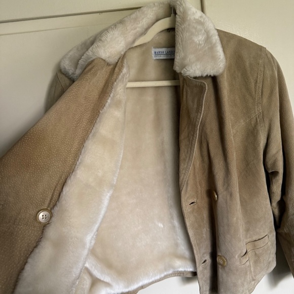 Marsh Landing Tan Suede Leather Jacket Faux Fur Collar Size Medium - Picture 3 of 10